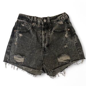 Dark Grey High Waisted Distressed Jean Shorts